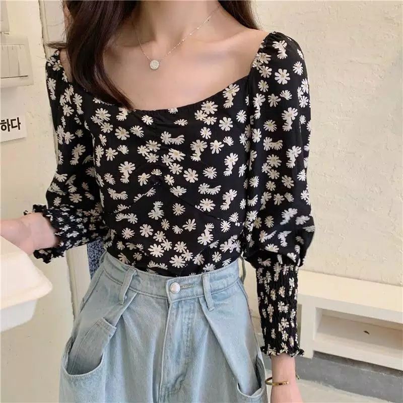 Blus Model Lengan Panjang Motif Bunga Bahan Sifon Untuk Wanita