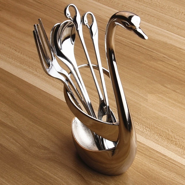 Set Sendok Garpu Desain Modern Silver Swan Bracket Stainless Steel