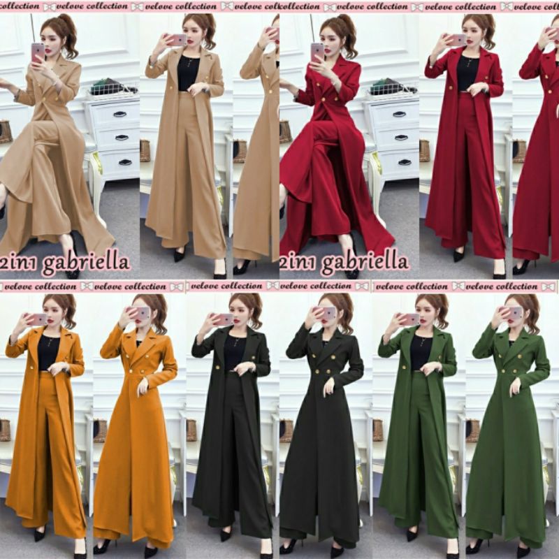 setelan set blazer set baju kerja Korea set wanita maroon