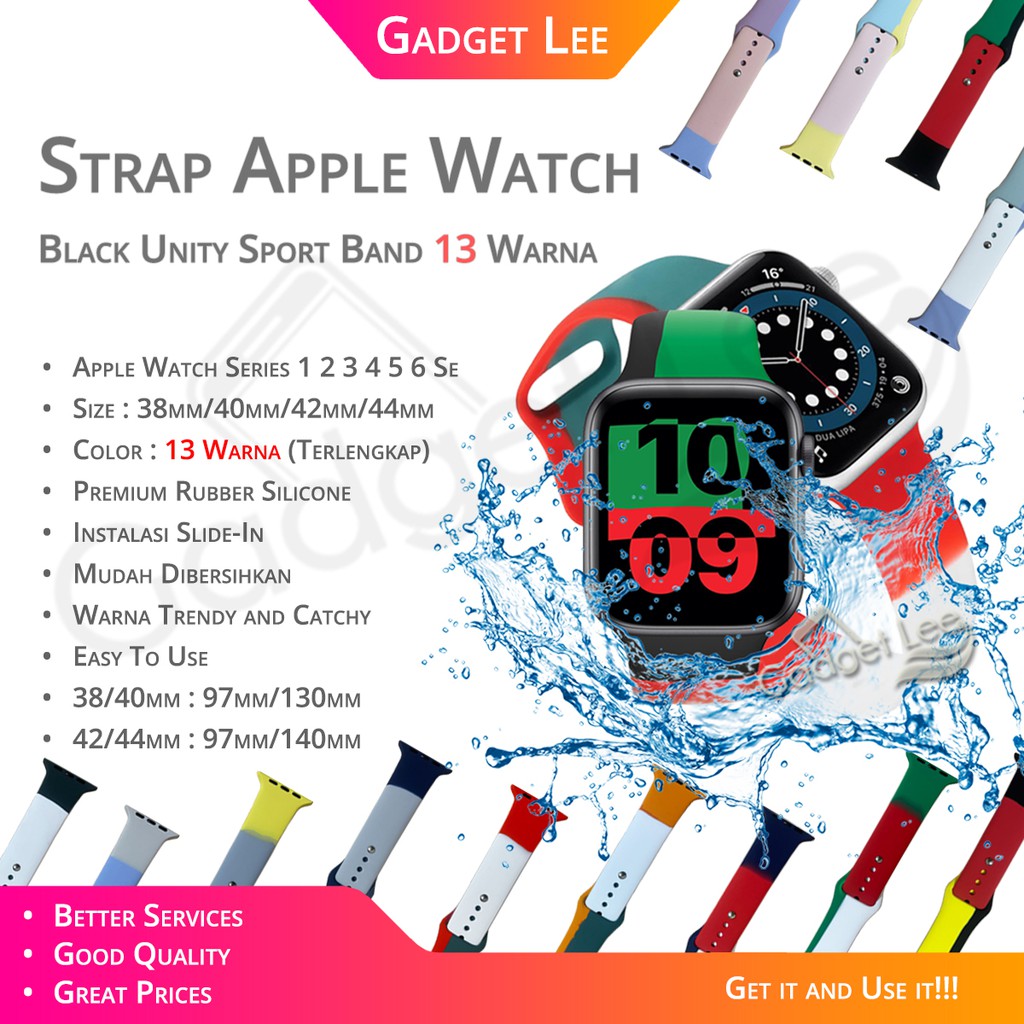 Strap Apple Watch Black Unity Sport Band Series 1 2 3 4 5 6 SE 38mm 40mm 42mm 44mm Tali Jam iWatch