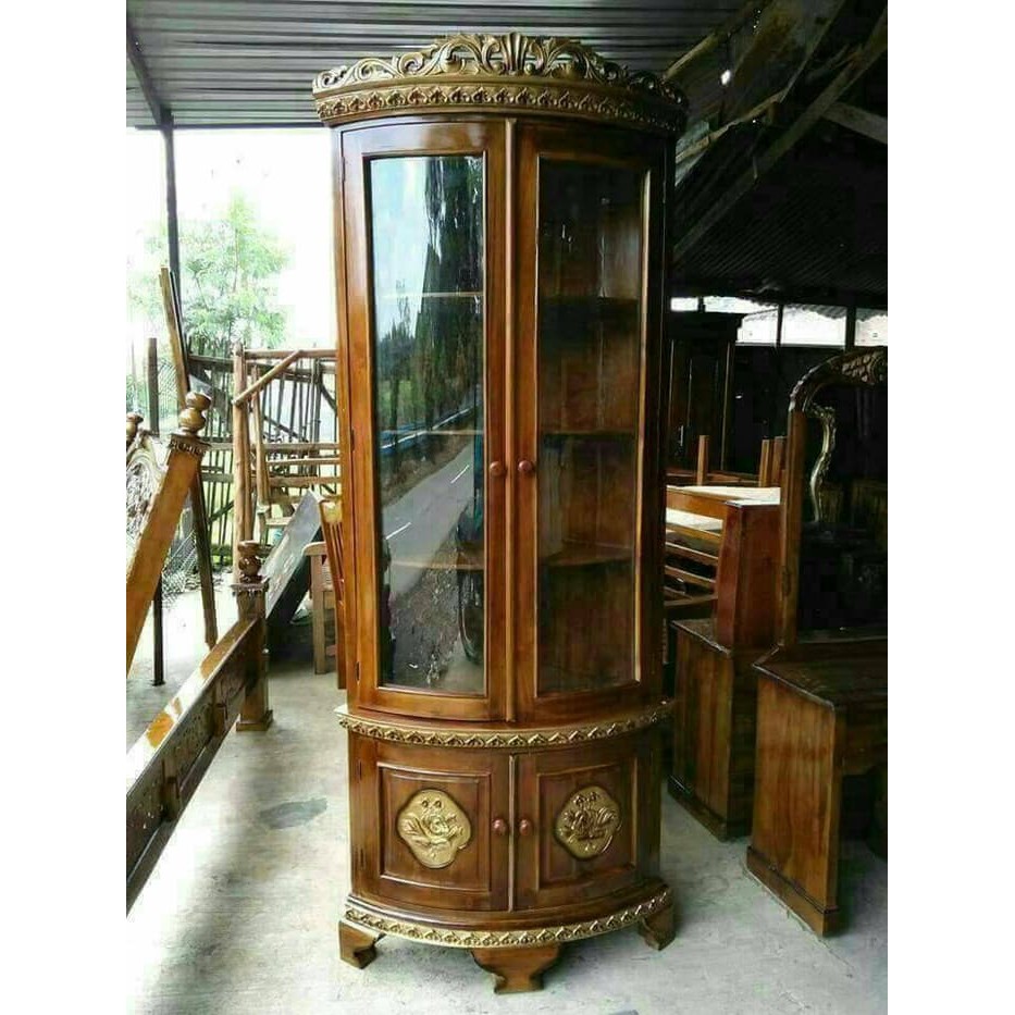 bufet lemari sudut pajangan jepara, lemari sudut jati, mebel furniture jepara