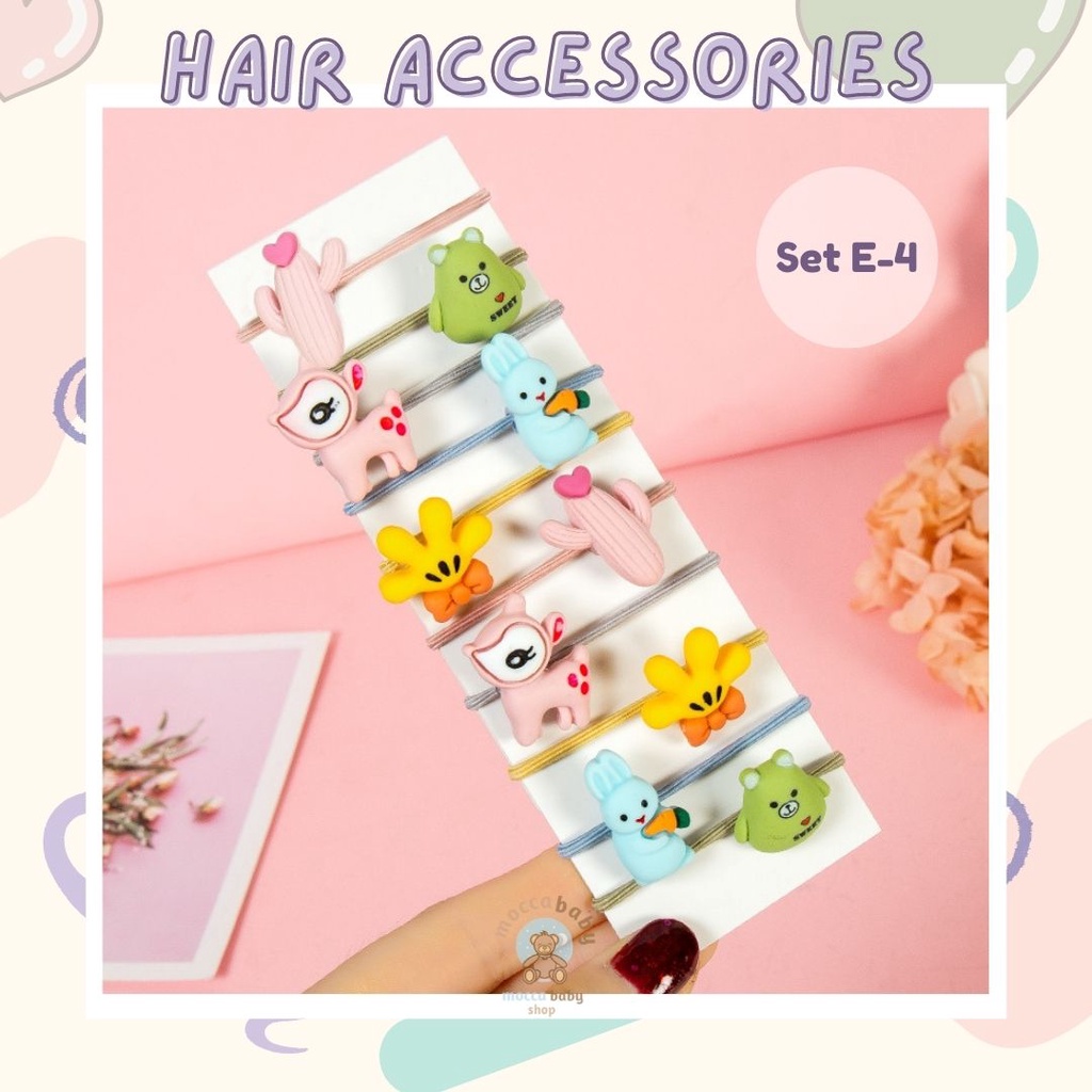 MBSS -  IKAT ORENJI 10PCS / Set Ikatan Rambut Anak Icon Karakter Import / Ikat Rambut Anak Karet Motif Karakter