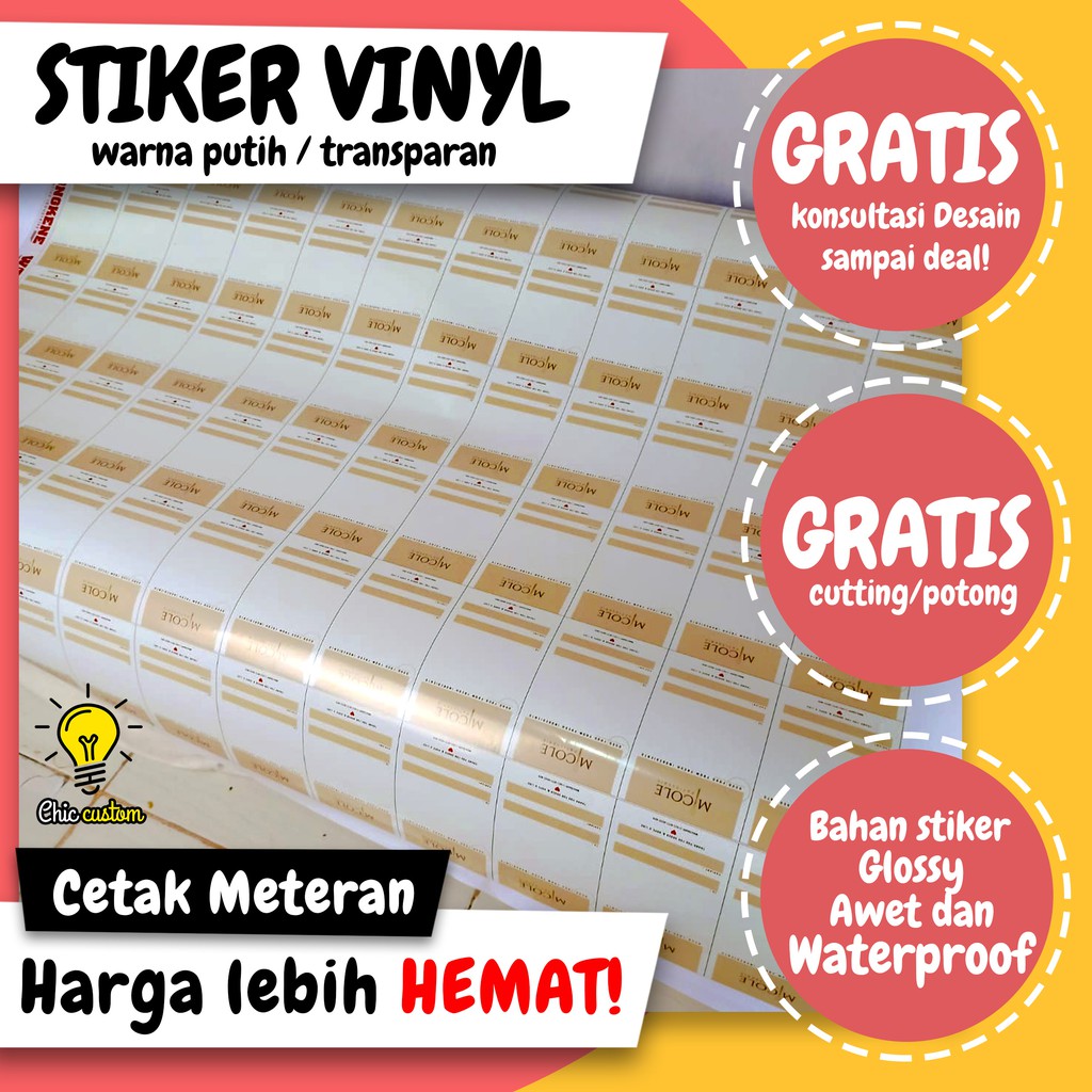 

Custom Cetak STIKER Vinyl Putih Transparan Anti Air Label Kemasan Logo Free Design | Harga Meteran