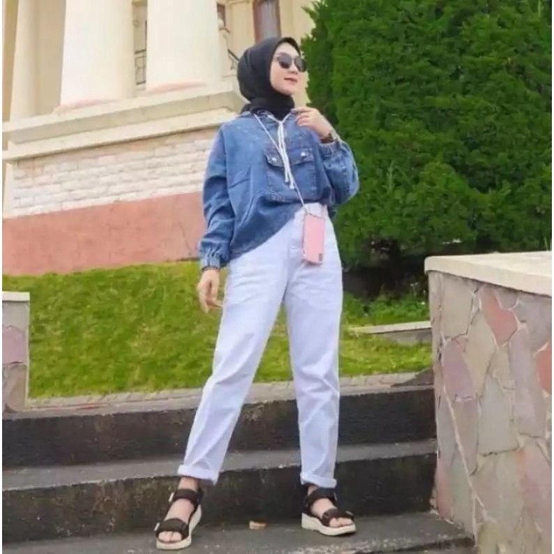 Baggy Boyfriend Jeans Wanita Snow Wash Jumbo Boyfriend Jeans Plain Premium