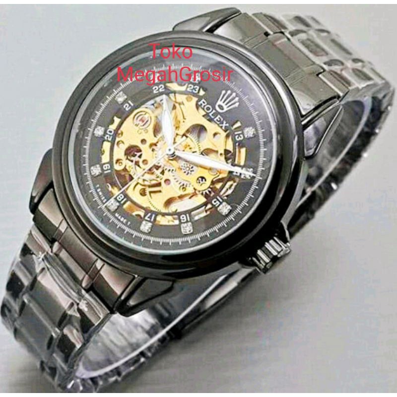 HARGA GROSIR JAM TANGAN PRIA ROLEX SKELETON DIAMOND FULLBLACK RANTAI HITAM AUTOMATIC ROLEX AUTOMATIC