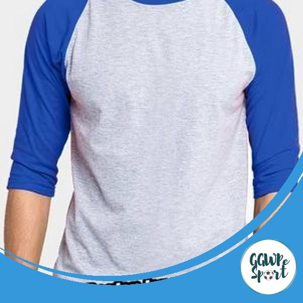 Kaos Raglan Wanita Pria Cotton Combed 30S Lengan Setengah Abu Biru Benhur Kualitas Jaminan Terbaik