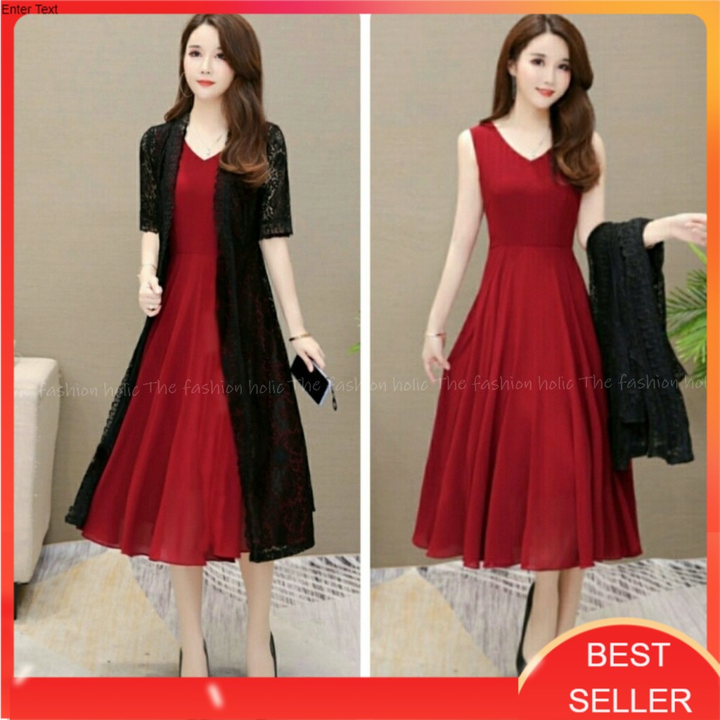 Baju Pesta Natal Long Dress Maxi Terusan Panjang Dan Long Cardigan Maron Wanita Cewek Korean Style L