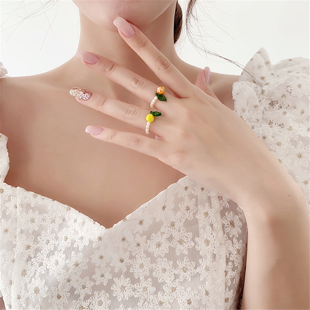 Korean Freshwater Pearl Ring Elasticity Adjustable Small Fresh Green Leaf Crystal Apple Finger Loop Fashion Accessories