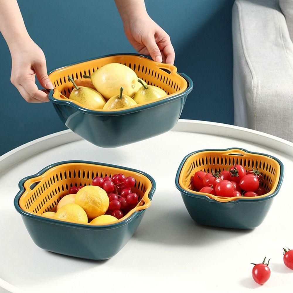 [Elegan] Keranjang Cuci Buah Bahan PP Multifungsi Set Gadget Dapur Rumah Tangga Lapisan Ganda Pembersih Sayuran Mencuci Colander