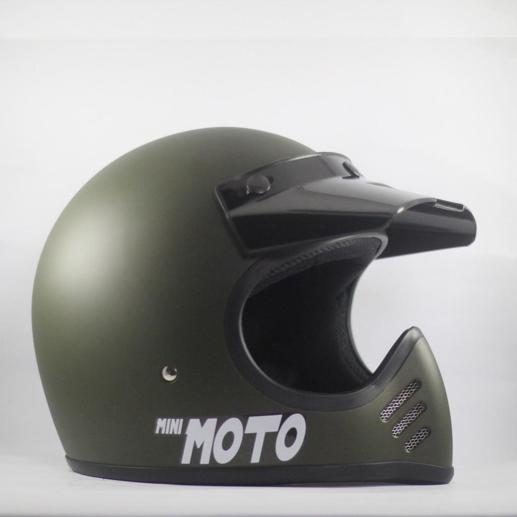 Helm Cakil Mini Moto 3 Enduro Trail Green Army Doff (Vintage / Retro / Bogo / Klasik / Classic )