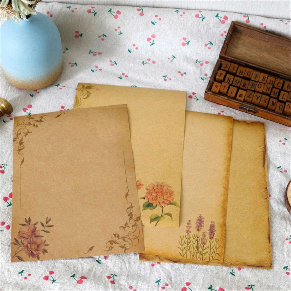 AUGUSTINA 8sheets Vintage Kraft Paper Flower Design Letter Paper Letter Pad Letterform Sketch Pad Stationery Drawing Pad Letterhead Writing Paper
