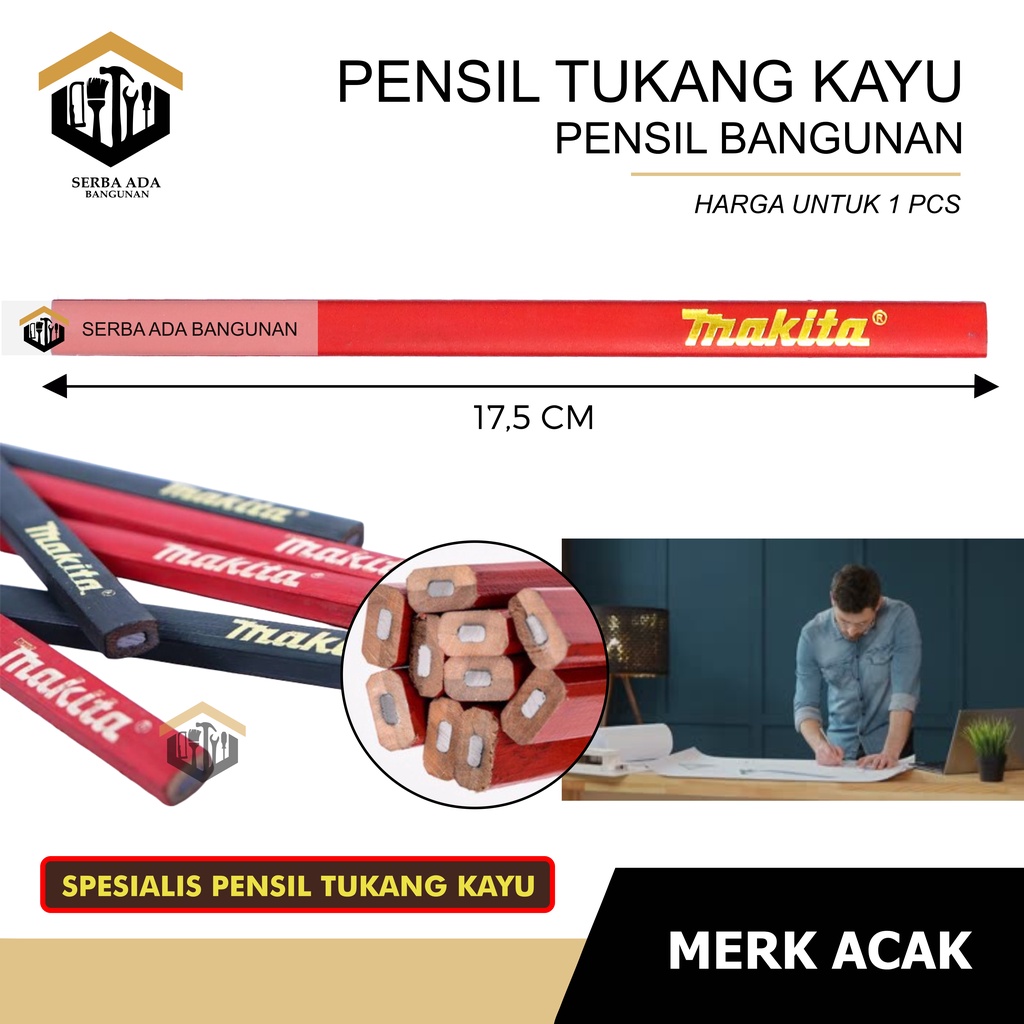 PENSIL TUKANG Kayu , Pensil Tukang Bangunan , Pensil Tukang Makita , Pensil Tukang Merah Biru