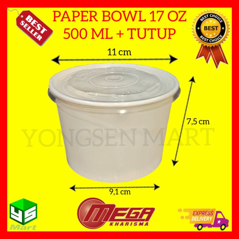 Paper bowl polos 17oz 500 ml + lid / tutup bening microwave tahan panas