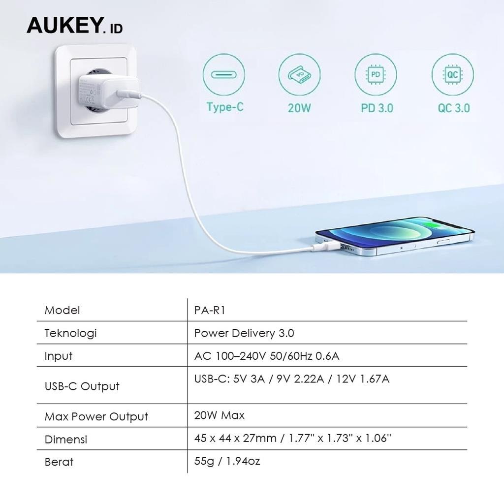 Aukey PA R1 Charger 20W USB C With PD 3.0 Original Garansi Resmi Aukey