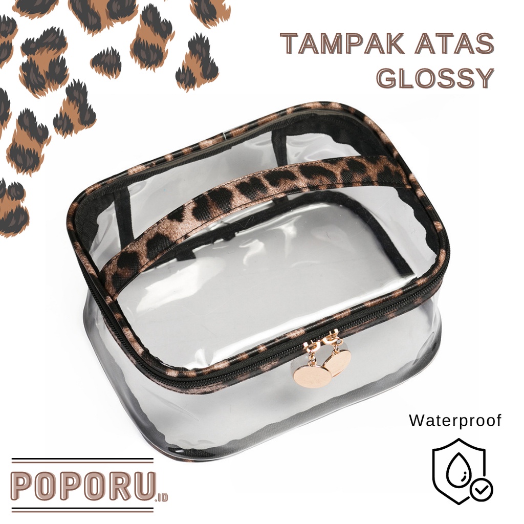 POPORU LEOPARD TRANSPARENT pouch - make up organizer transparan tas tempat makeup - bening kosmetik