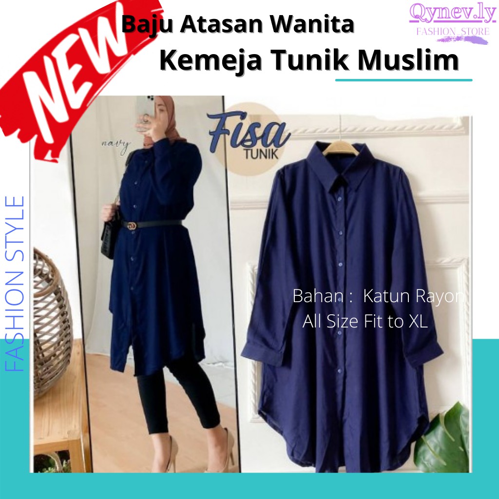 Fashion Pakaian Baju Atasan Wanita Fisa Kemeja Tunik Muslim Full Kancing FREE BELT Terbaru Termurah