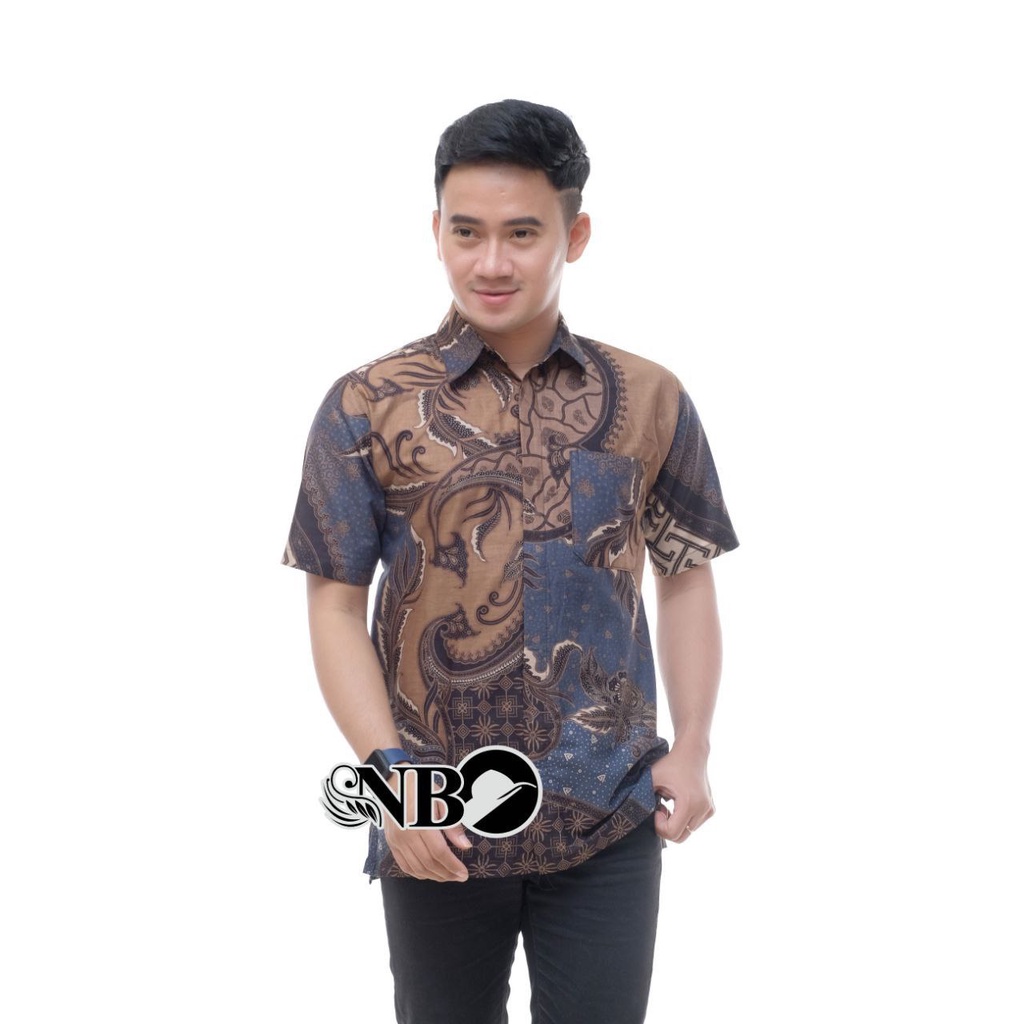 Batik Pria Lengan Pendek BATIK MURAH HRB026 motif TERBARU 2021 Kode 002 size M L XL XXL BIG SIZE 3L 4L 5L 6L Reguler Fit-Soft biru