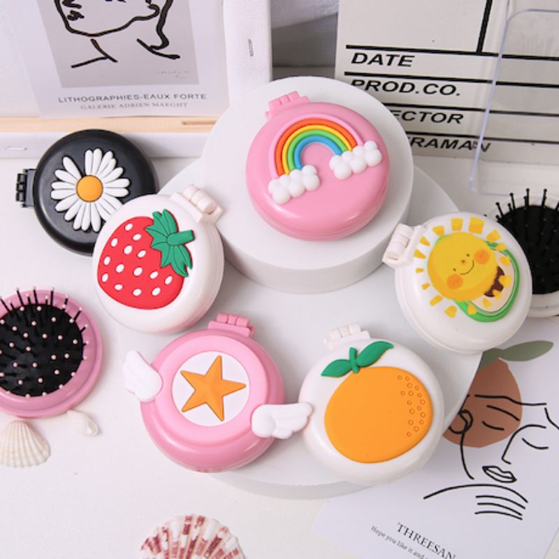 Cermin make up set sisir lipat portable travel traveling 2 in 1 karakter lucu-4