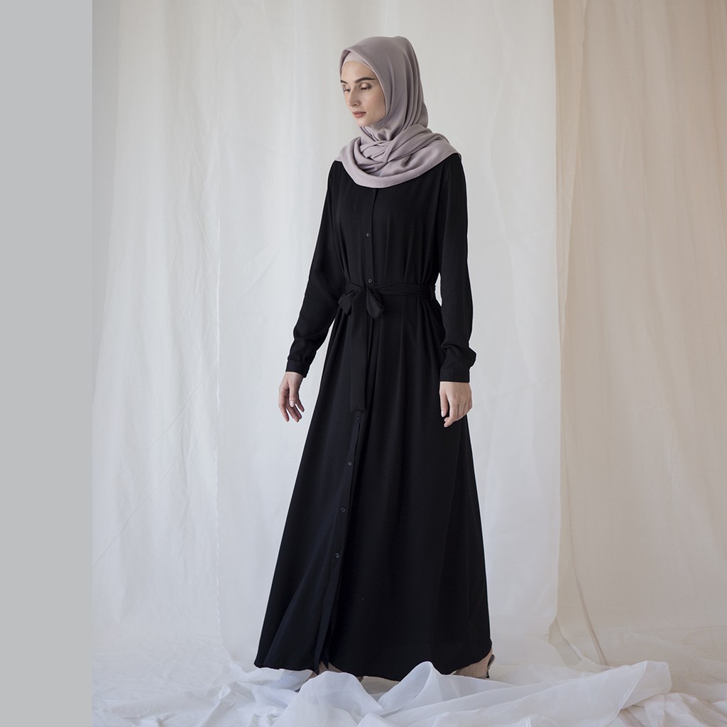 Arimbi by Aska Label - Gamis rayon premium full kancing dan ikat pinggang warna hitam dan coksu