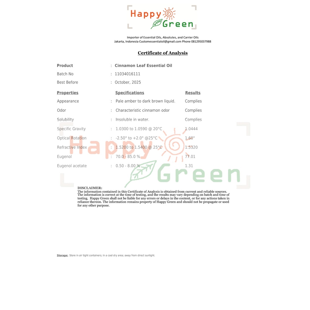 Happy Green Cinnamon Leaf Essential Oil - Minyak Atsiri Daun Kayu Manis