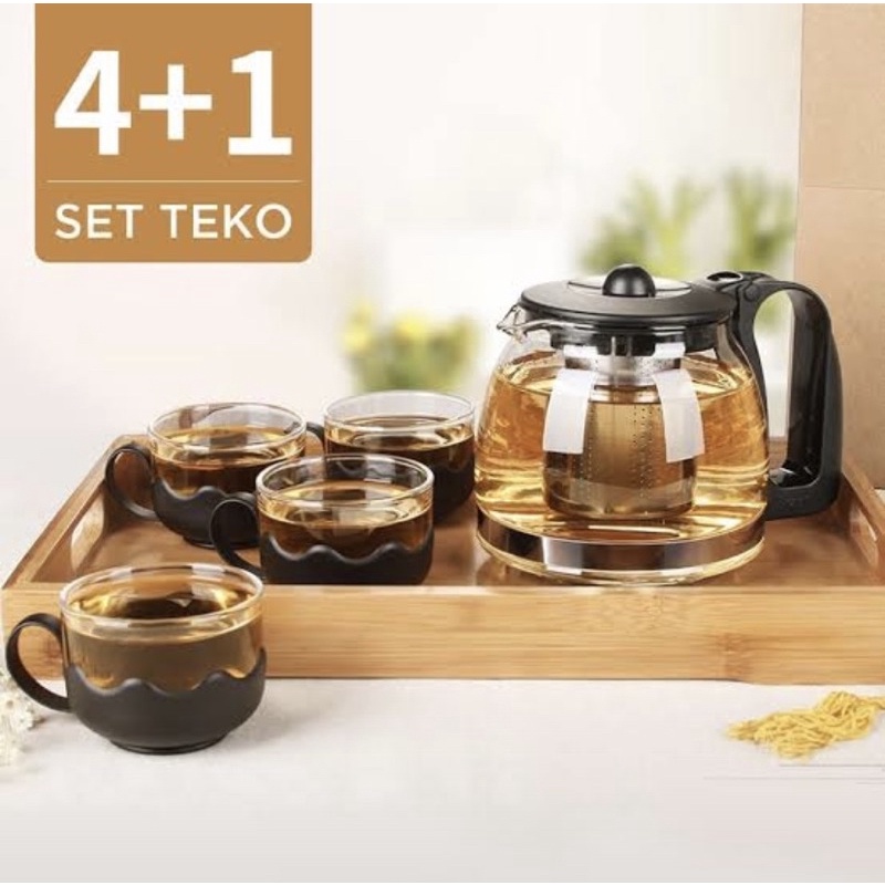 Tea Pot saringan set alat minum teapot isi 5 dengan saringan warna hitam/ Teko set teapot kaca set 5