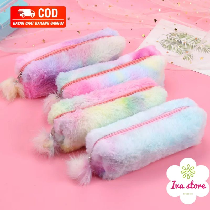 

Tempat pensil bulu rainbow
