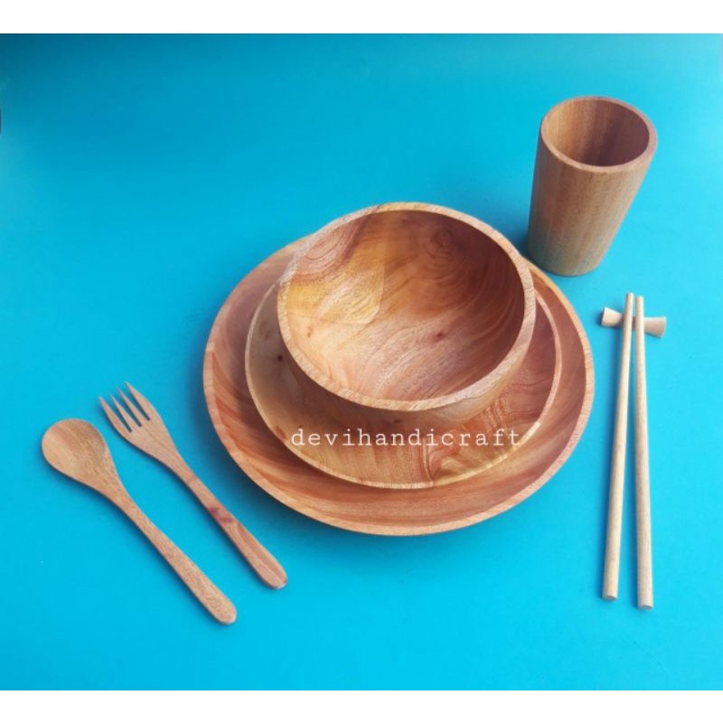 set alat makan kayu/piring makan kayu set lengkap kayu mahoni (piring 25cm,piring 20cm,mangkok15cm,s
