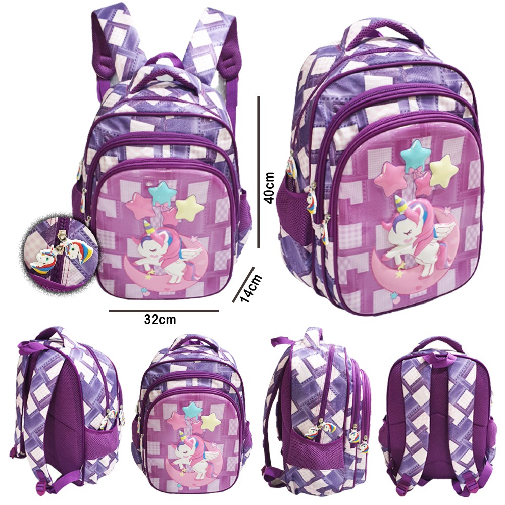 PROMO 10.10 RANSEL SD TAS ANAK SEKOLAH PEREMPUAN CEWE SD  Gambar Kuda Pony dan Putri Cantik LILAC CANDY Odet Snow Happy Polka Duet 3Resleting  ( 16&quot; )