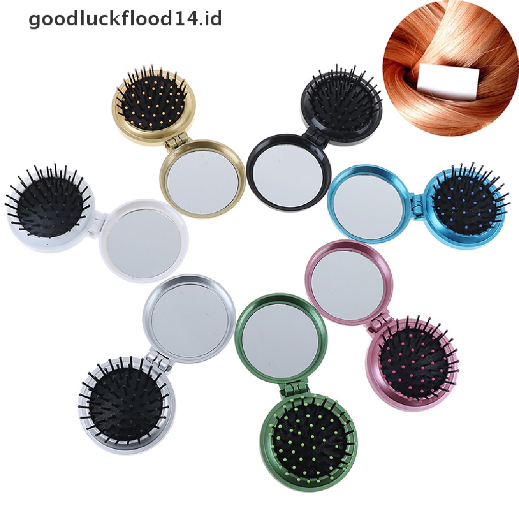 [OOID] Folding massage comb hair brush with mirror compact travel pocket comb ID