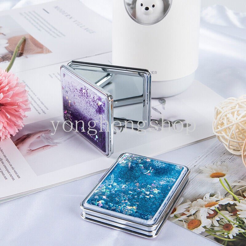 Cermin Saku Lipat Mini Portable Dua Sisi Motif Pasir Glitter Untuk Makeup / Kosmetik Wanita