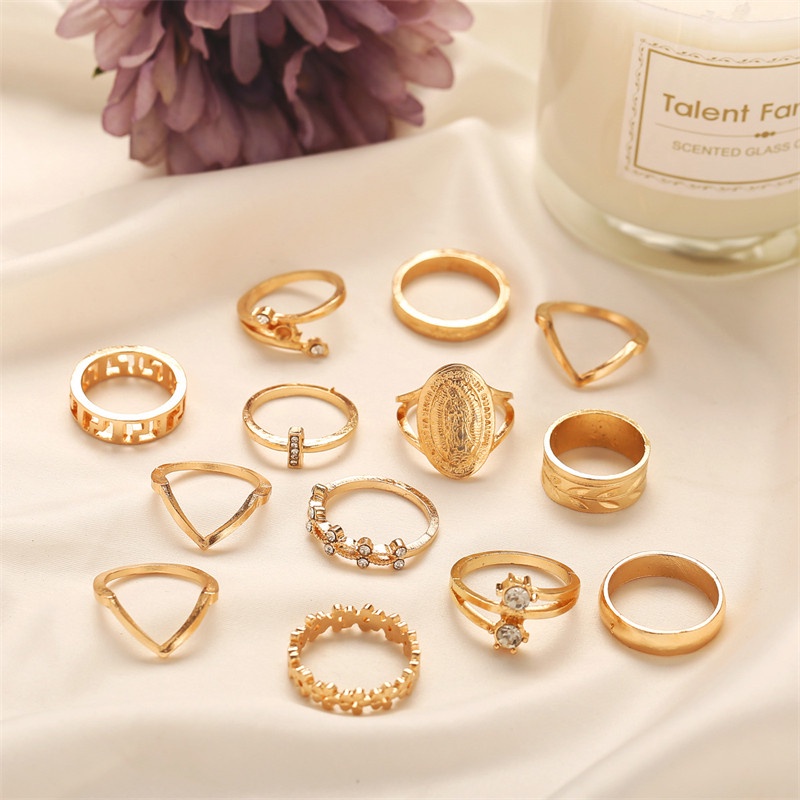 13pcs / Set Cincin Knuckle Bahan Alloy Hias Berlian Warna Emas Untuk Wanita