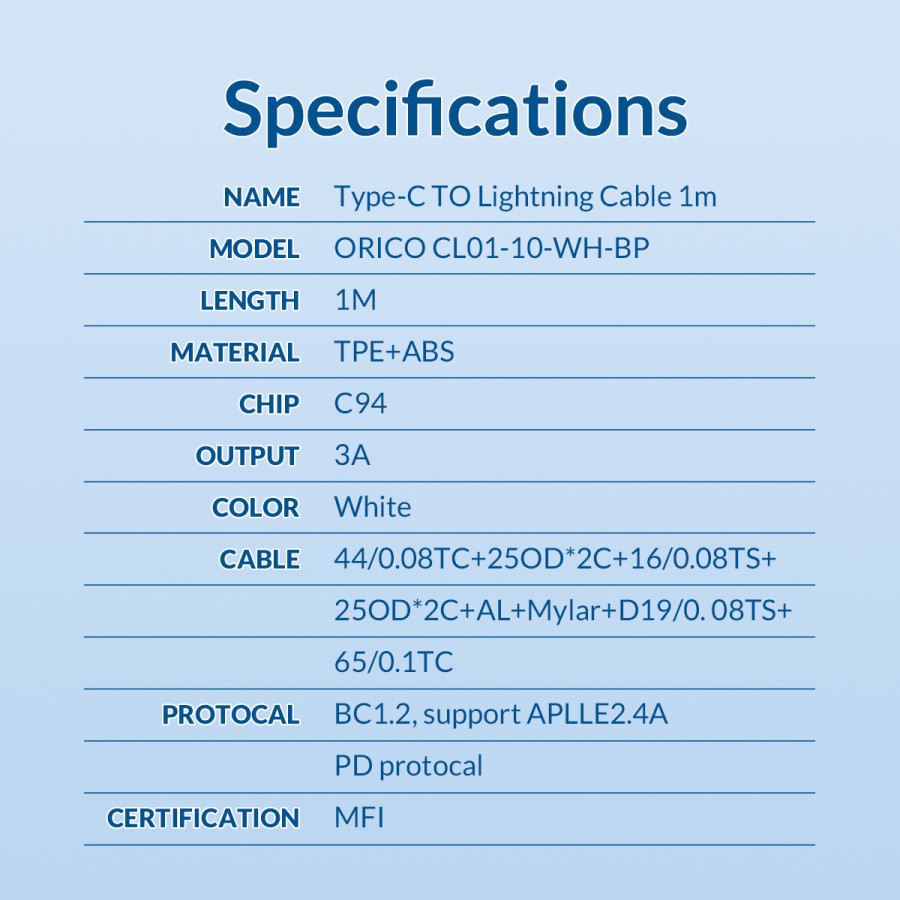 Kabel Data Charge Orico CL01-10 Usb Type-c to lightning 1m cable 3A for iphone ipad  ipod