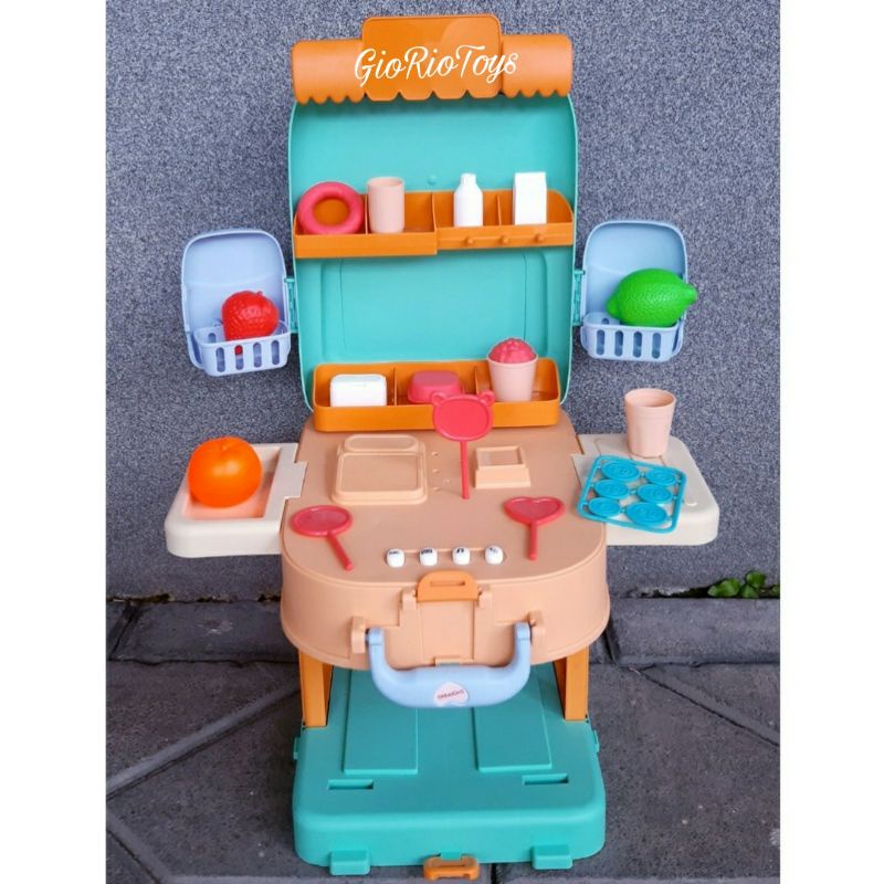 Mainan Anak Shopping Backpack Koper Belanja Supermarket Jualan Ice Cream Permen Donat Lengkap Musik