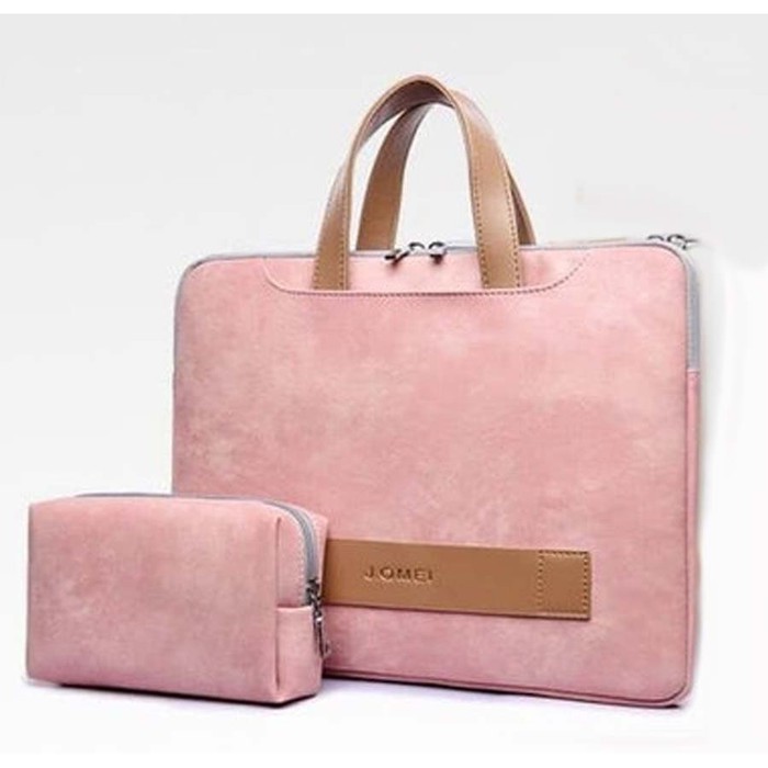 Tas Laptop Macbook J.QMEI PU leather with free pouch 15 - 16 inch pink