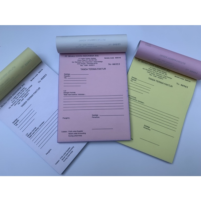 

Cetak Custom Tanda Terima Faktur 3 Ply, Pakai Nomer Seri Ukuran A5, Pembelian Harus 20 Buku