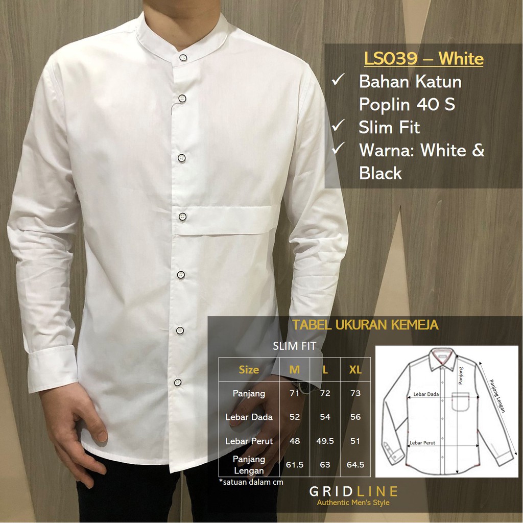 [GRIDLINE - LS039 Koko Black &amp; White] Kemeja Koko Polos Pria Katun Lengan Panjang SlimFit Keren