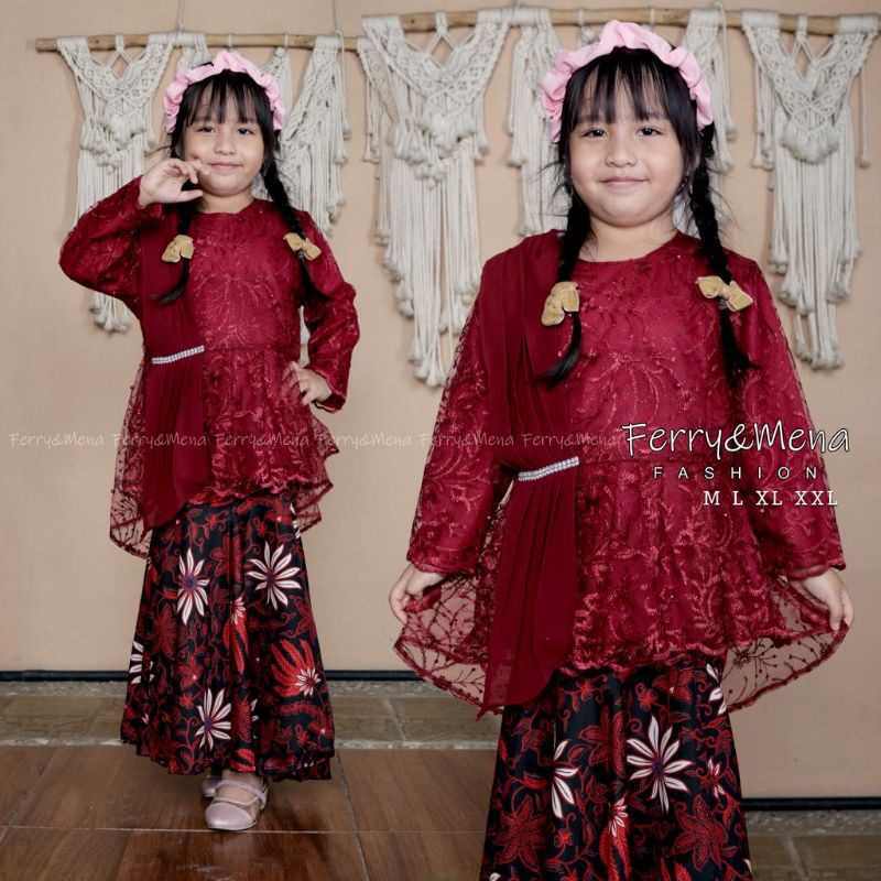 Setelan Kebaya Tulle Anak Selendang Plus Rok Duyung Batik Anak Panjang Baju Kebaya Tulle Wanita Anak