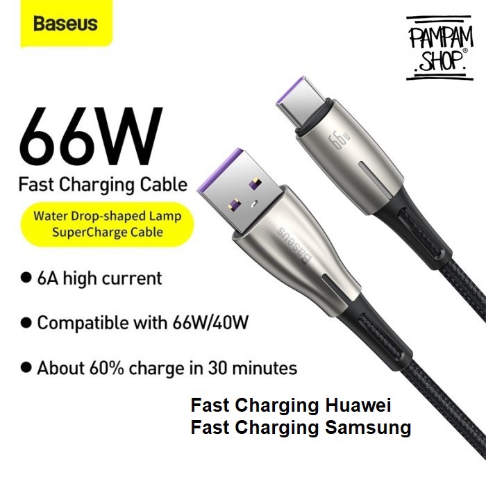 Baseus Original Water Drop Kabel Data USB to Type C Fast Charging 6A 66W Cable Charger Casan Ori Tipe C Quick Charge for Huawei Samsung XiaoMi Oppo Vivo