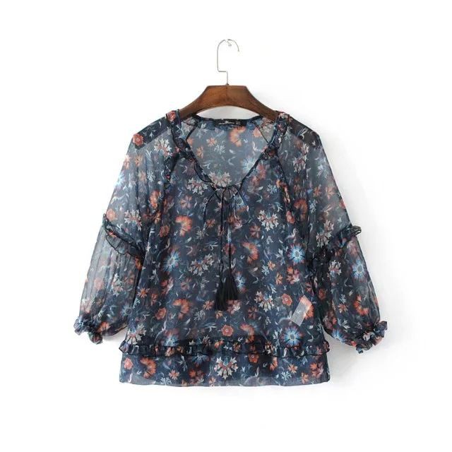 Blouse Transparan Lengan 7/8 Import - 447398 Shallow Flower Outer Top