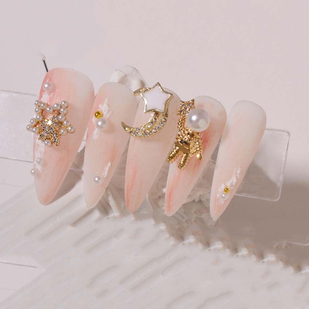 AUGUSTINA Agustin 3D Dekorasi Kuku Logam Shiny Pearl Pendant Gaya Jepang Berujung Lima Beruang Bintang DIY Perhiasan Nail Art