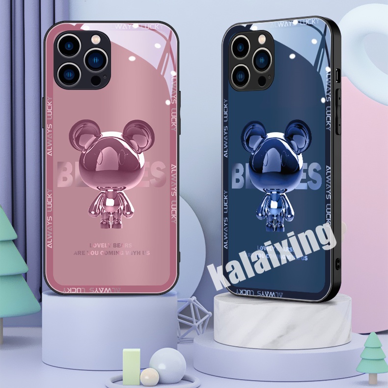 Hard Case Tempered Glass Motif Beruang Untuk iPhone 14 Pro MAX 13Pro 12 11 Pro MAX XR XS MAX 7PLUS 8PLUS