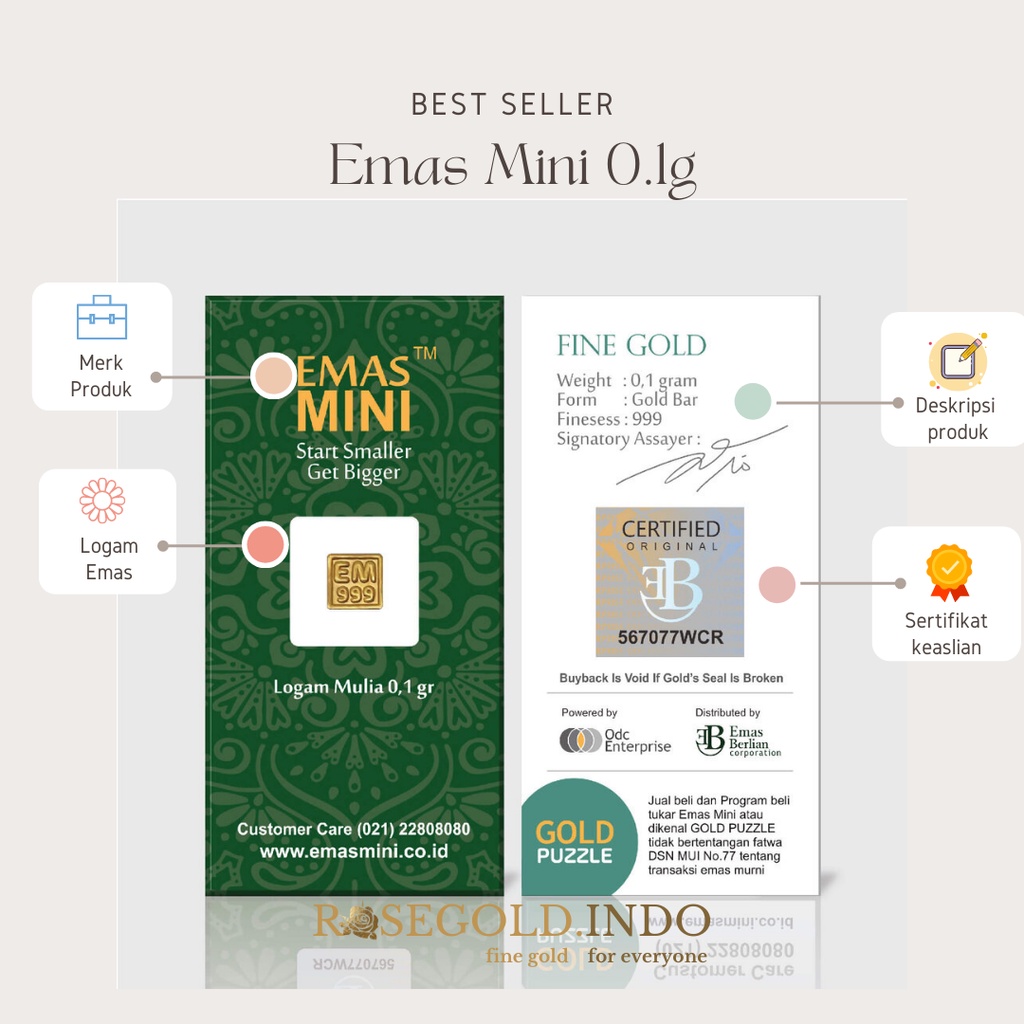 Logam Mulia Emas Mini 0.1g asli 24 karat untuk sovenir kelahiran, wisuda, graduation