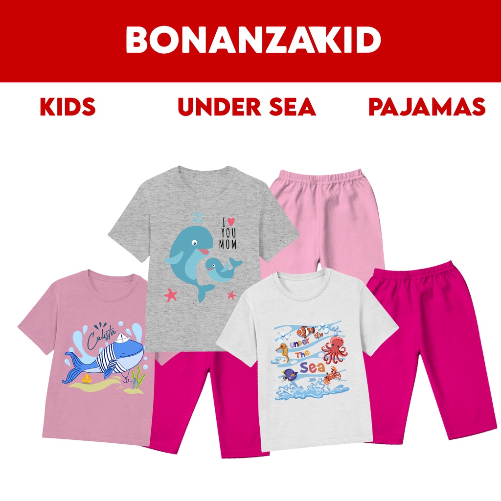Piyama Anak Lengan Pendek Love Whale Untuk Usia 2-8 Tahun Bahan Katun Combed 30s