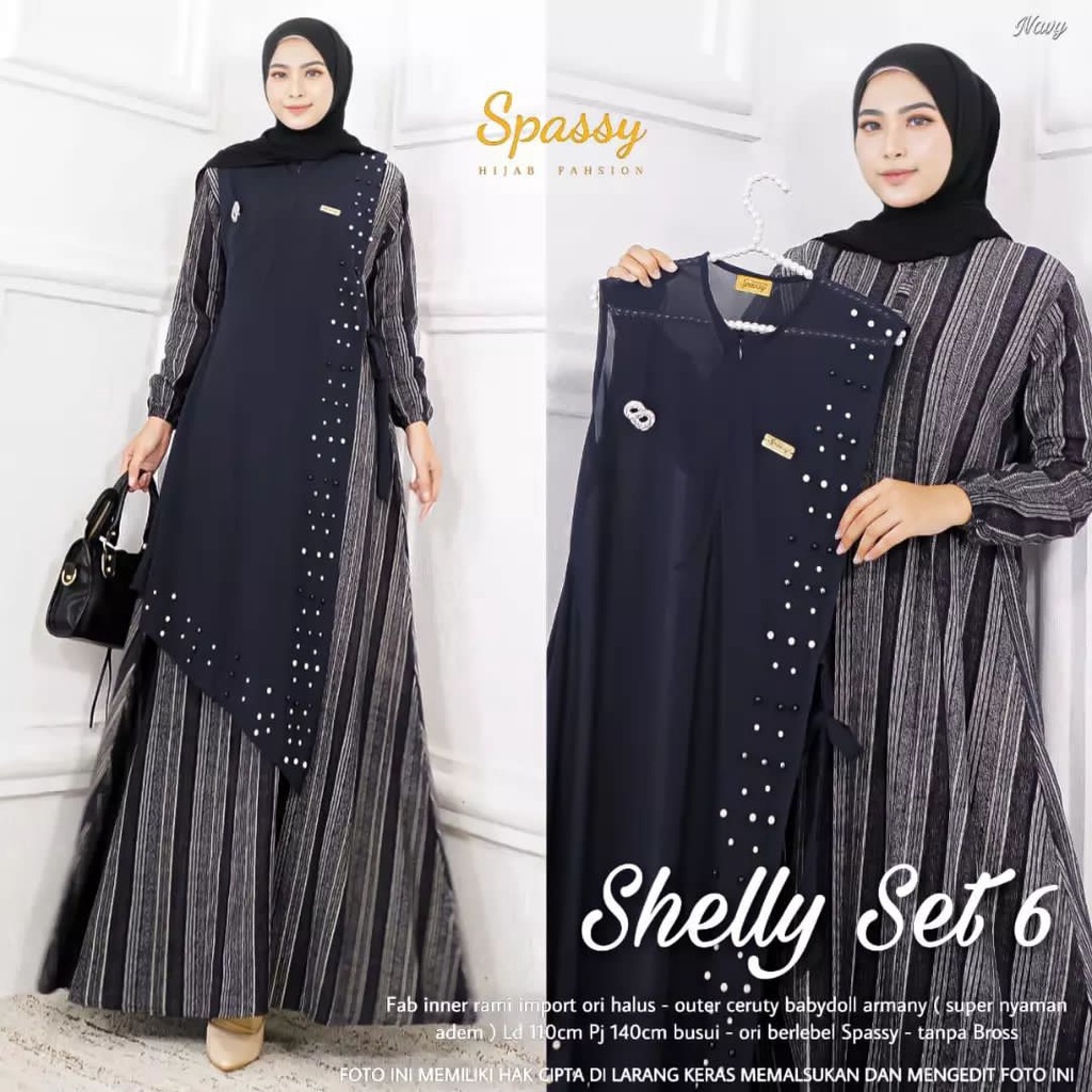 Cod Shelly Set 6/gamis murah/gamis motif salur/gamis lebaran/pakaian wanita/gamis lebaran/gamis prem