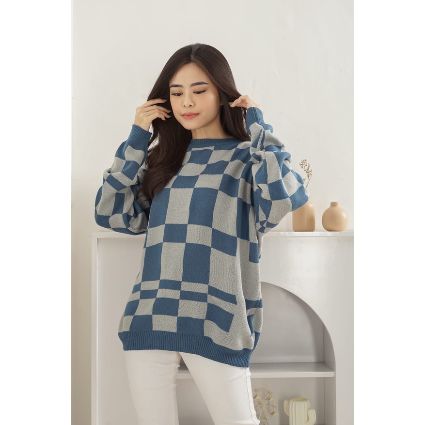 Jiny Checkered Sweater Top Motif Kotak Atasan Rajut Knit Import - K001