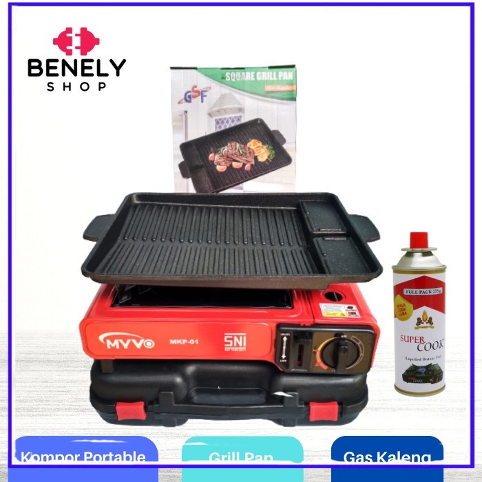 Kompor Gas Portable MYVO + Grill Pan + Gas Kaleng+GRILL BBQ KOTAK