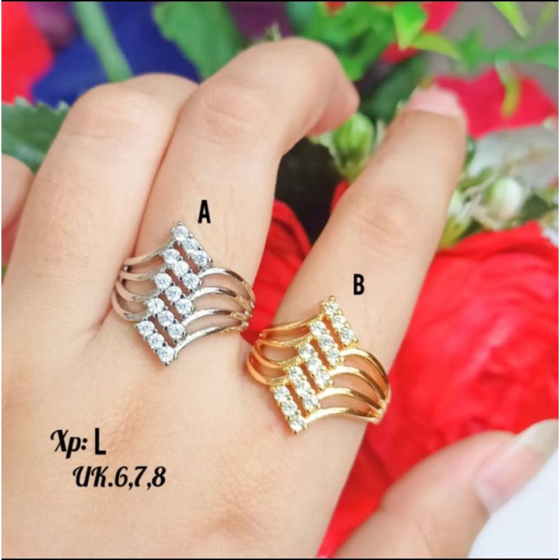 Cincin Dewasa motif strip lima permata Gold&amp;Silver,elok menawan tidak karat *COD*