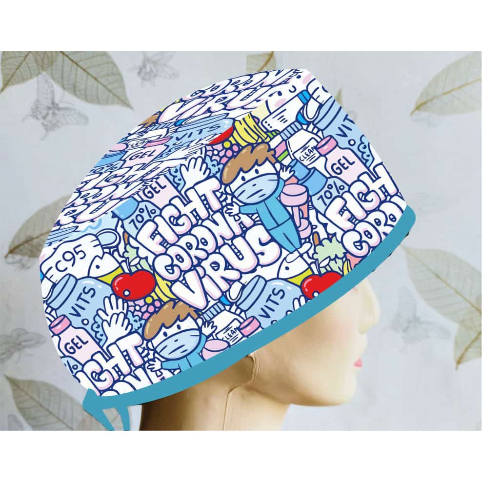 Head Cap /Topi Medis / Scrub Hat / Surgical Cap / Topi Dokter Custom Printing Motif Covid Virus