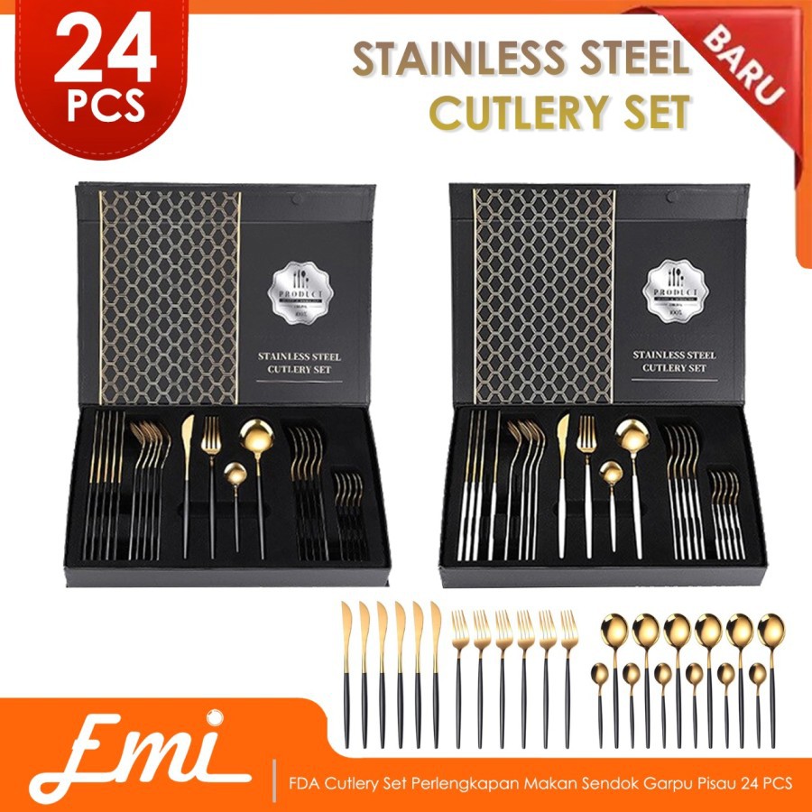 FDA Cutlery Set Perlengkapan Makan Sendok Garpu Pisau 24 PCS - TW873 - Black Gold