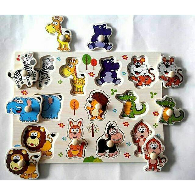 Puzzle binatang knob kayu mainan edukatif